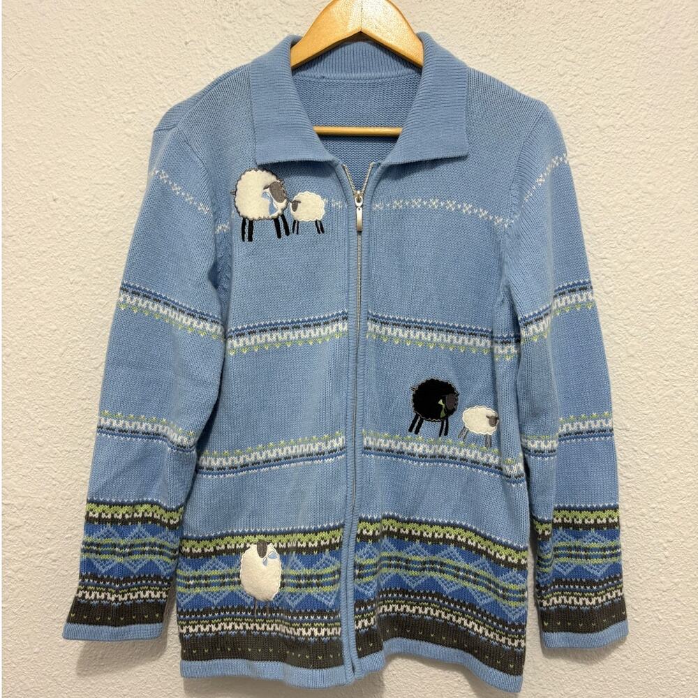 Vintage Knit Sheep Sweater Zip Up Striped Fair Isle Nordic Novelty